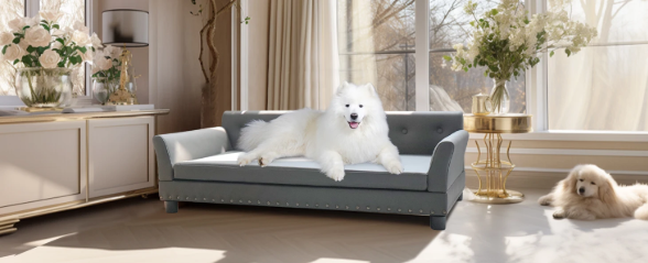 Luxe Hondenbank – Verhoogd Huisdierbed met Microfiber Leer & Houten Poten