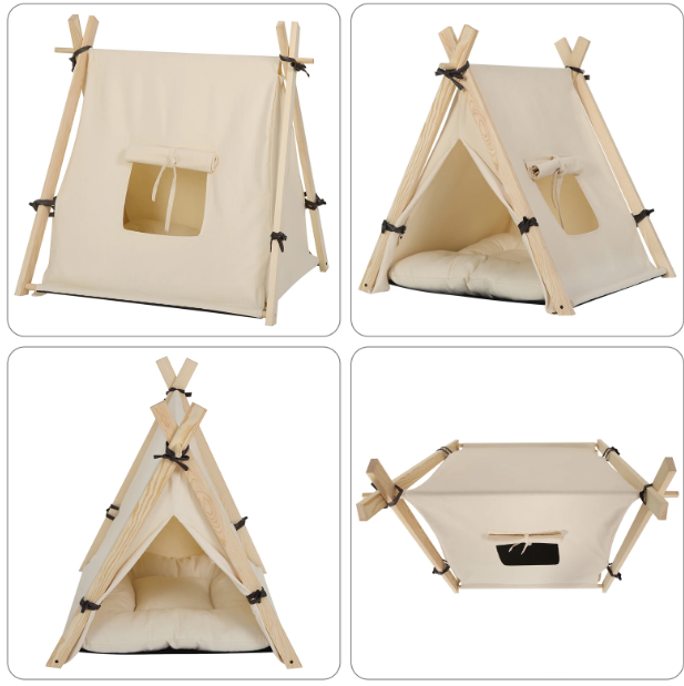 Tipi Tent voor Honden & Katten – Canvas Huisdierentent met Kussen, Afneembaar & Wasbaar