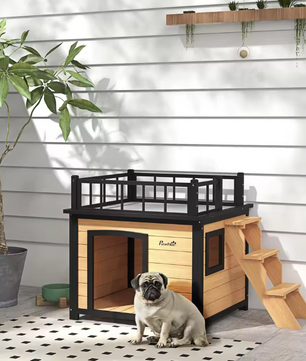 Houten Hondenhuis met Balkon & Trap – Verhoogd Buitenhuis voor Kleine en Middelgrote Honden
