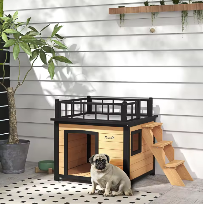 Houten Hondenhuis met Balkon & Trap – Verhoogd Buitenhuis voor Kleine en Middelgrote Honden