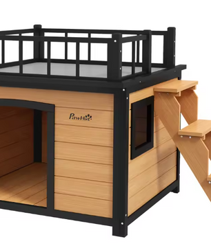 Houten Hondenhuis met Balkon & Trap – Verhoogd Buitenhuis voor Kleine en Middelgrote Honden