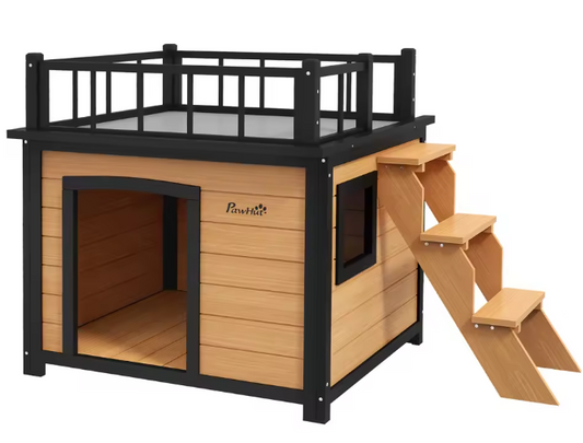 Houten Hondenhuis met Balkon & Trap – Verhoogd Buitenhuis voor Kleine en Middelgrote Honden