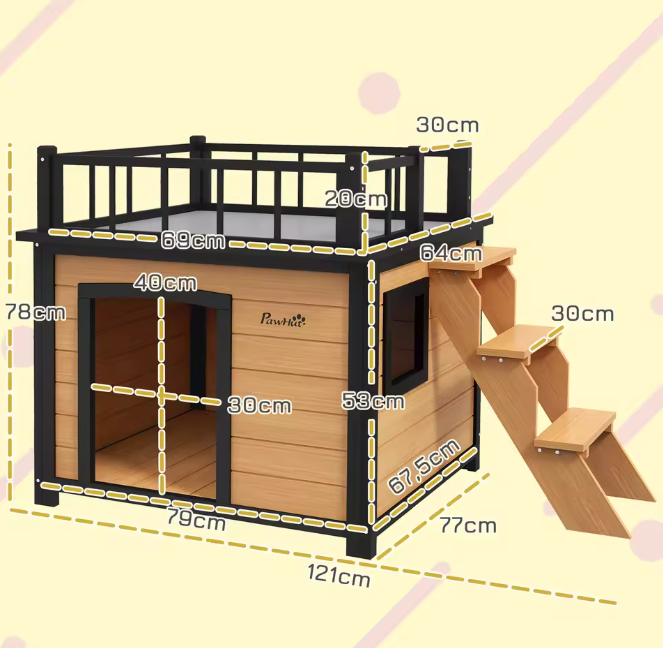 Houten Hondenhuis met Balkon & Trap – Verhoogd Buitenhuis voor Kleine en Middelgrote Honden
