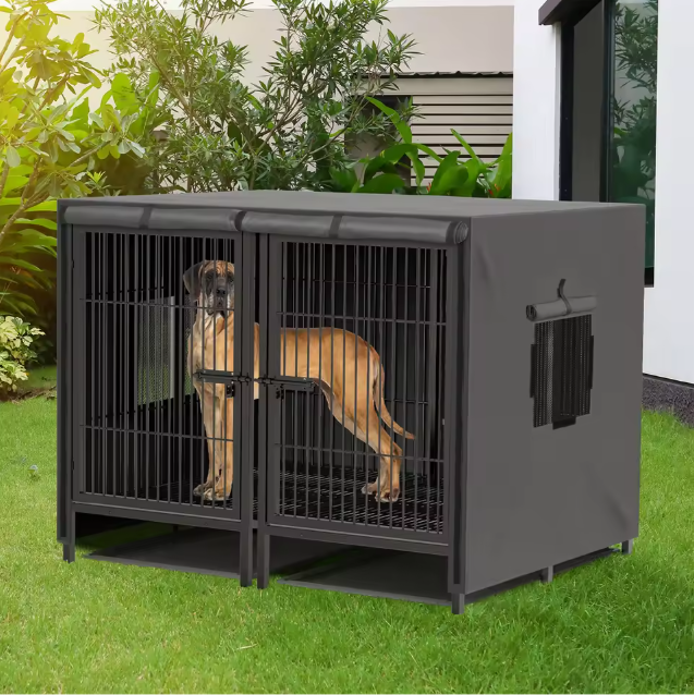 2-in-1 Grote Metalen Hondenkooi – Robuuste Dubbele Kennel met Verdeler & Uitschuifbare Lade