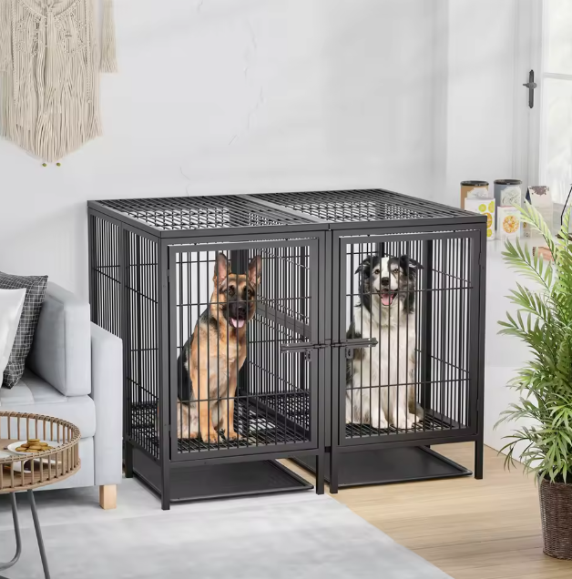 2-in-1 Grote Metalen Hondenkooi – Robuuste Dubbele Kennel met Verdeler & Uitschuifbare Lade