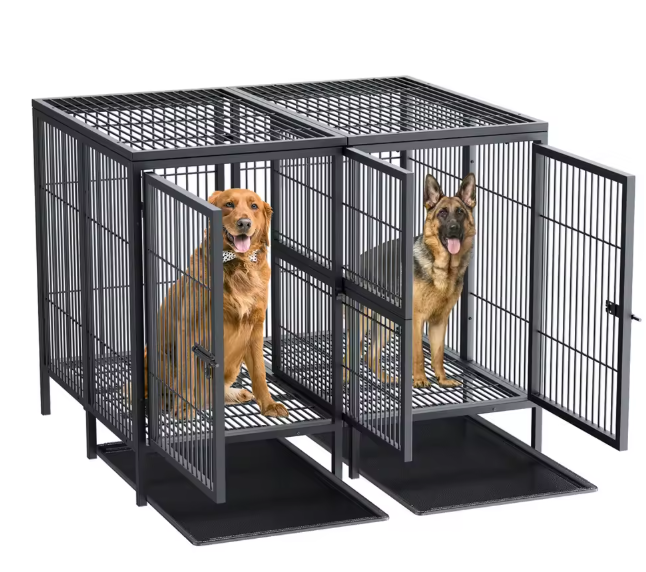 2-in-1 Grote Metalen Hondenkooi – Robuuste Dubbele Kennel met Verdeler & Uitschuifbare Lade