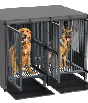 2-in-1 Grote Metalen Hondenkooi – Robuuste Dubbele Kennel met Verdeler & Uitschuifbare Lade