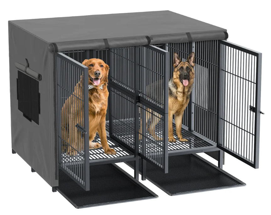 2-in-1 Grote Metalen Hondenkooi – Robuuste Dubbele Kennel met Verdeler & Uitschuifbare Lade