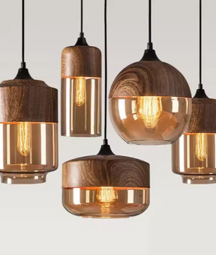 Nordic LED Hanglamp – Moderne Glas & Houten Plafondlamp voor Woonkamer, Slaapkamer & Eetkamer