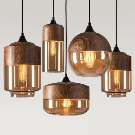 Nordic LED Hanglamp – Moderne Glas & Houten Plafondlamp voor Woonkamer, Slaapkamer & Eetkamer