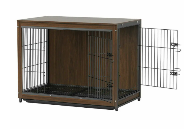 Houten & Metalen Hondenkooi – Stijlvolle Bijzettafel met Dubbele Deuren en Verwijderbare Lade