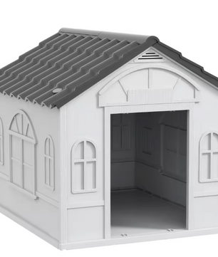 Hondenhok Kunststof – Weerbestendige Buitenkennel met Raampatroon, Grijs/Wit