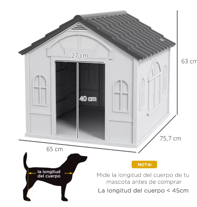 Hondenhok Kunststof – Weerbestendige Buitenkennel met Raampatroon, Grijs/Wit
