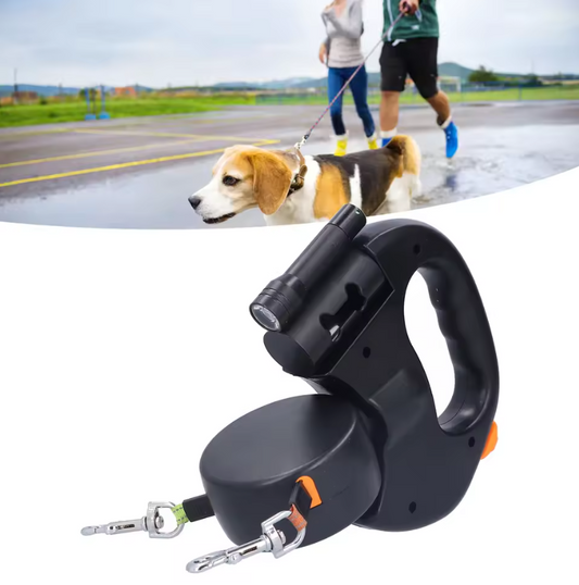 Dubbele Intrekbare Hondenriem – Met LED-licht & Tasdispenser, Voor 2 Honden
