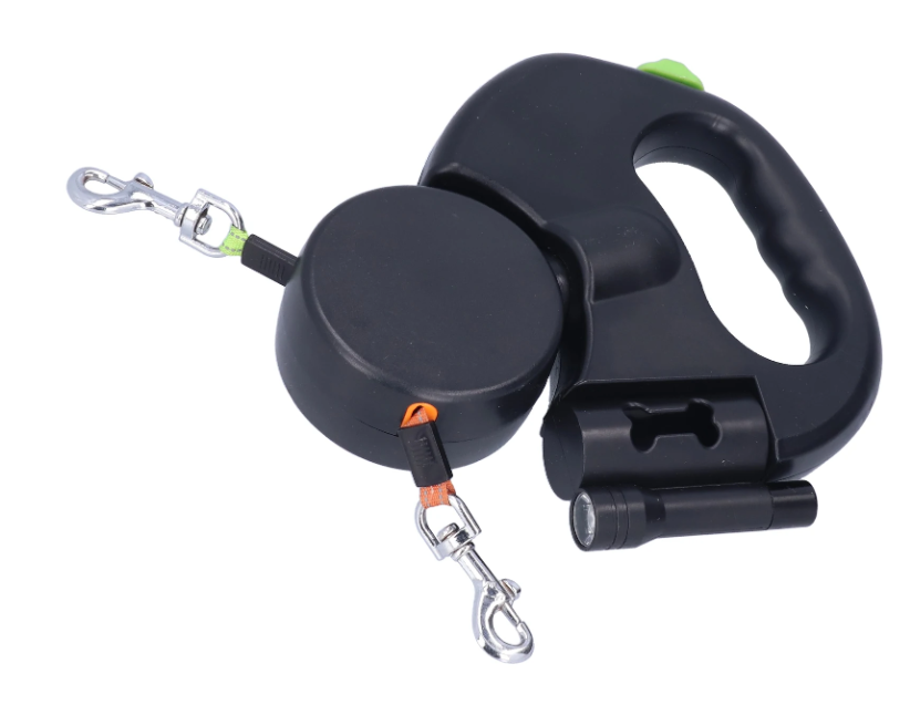Dubbele Intrekbare Hondenriem – Met LED-licht & Tasdispenser, Voor 2 Honden