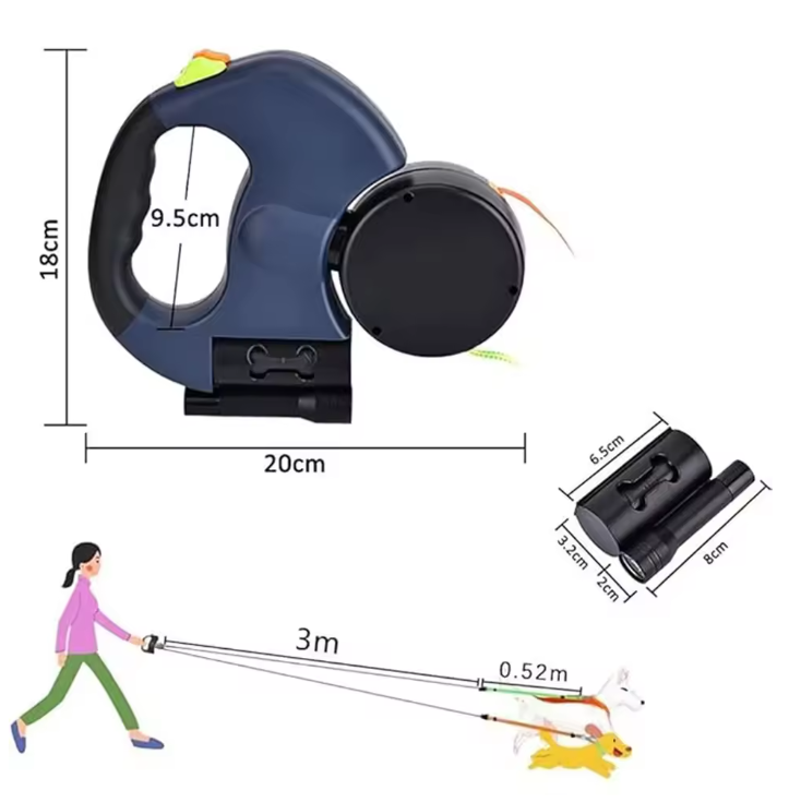 Reflecterende Dubbele Hondenriem – 3M met LED-Spot & Automatische Vergrendeling