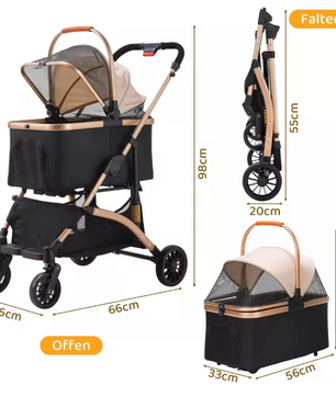 Hondenbuggy 2-in-1 – Opvouwbare Kinderwagen & Transportbox, Tot 40 kg