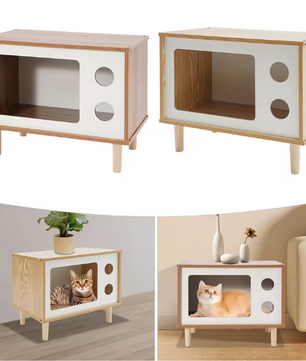 Houten Kattenhuis in TV-Vorm – Stevig & Comfortabel Kattenbed met Ventilatiegaten, Inclusief Steunpoten