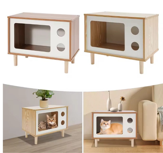 Houten Kattenhuis in TV-Vorm – Stevig & Comfortabel Kattenbed met Ventilatiegaten, Inclusief Steunpoten