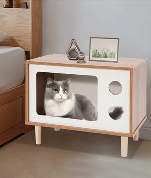 Houten Kattenhuis in TV-Vorm – Stevig & Comfortabel Kattenbed met Ventilatiegaten, Inclusief Steunpoten