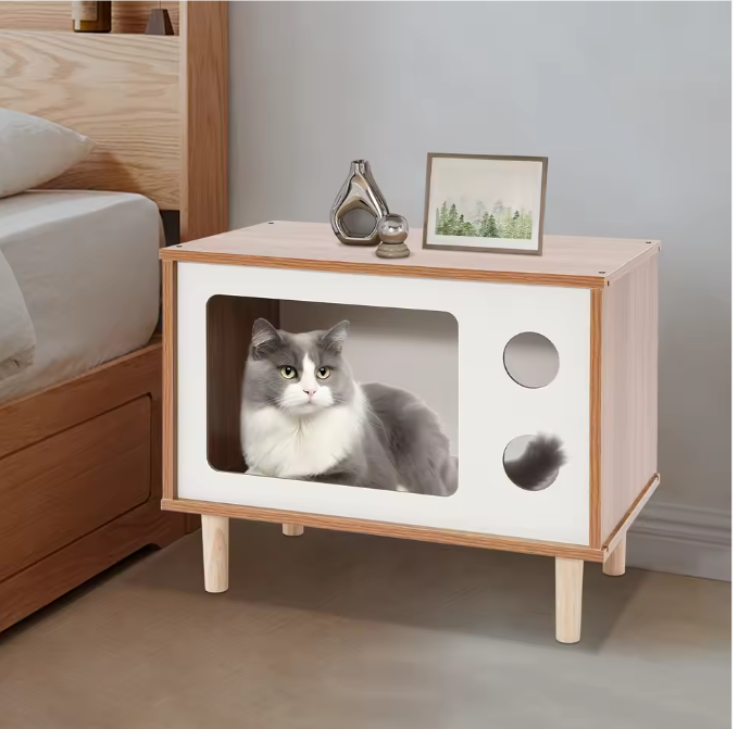 Houten Kattenhuis in TV-Vorm – Stevig & Comfortabel Kattenbed met Ventilatiegaten, Inclusief Steunpoten