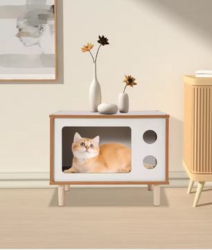 Houten Kattenhuis in TV-Vorm – Stevig & Comfortabel Kattenbed met Ventilatiegaten, Inclusief Steunpoten