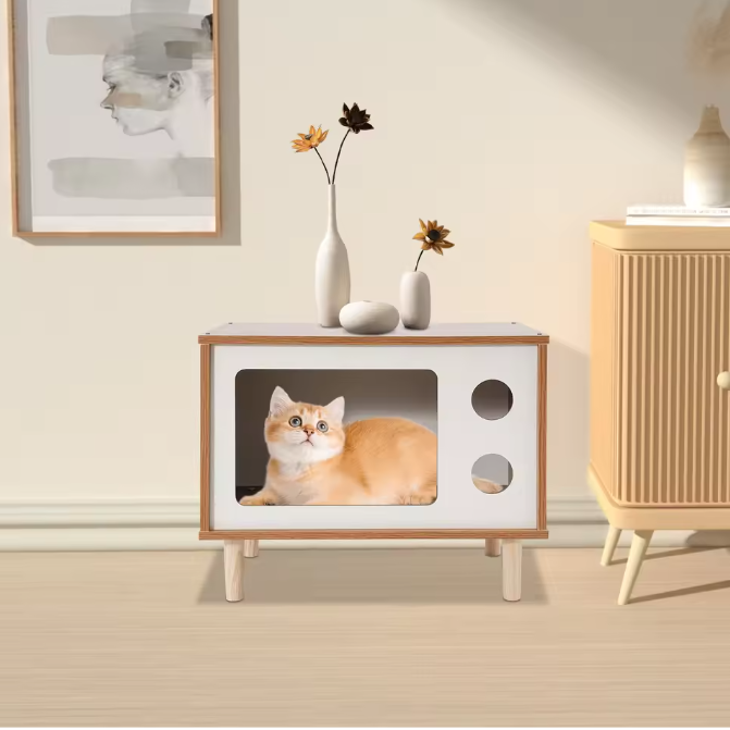 Houten Kattenhuis in TV-Vorm – Stevig & Comfortabel Kattenbed met Ventilatiegaten, Inclusief Steunpoten