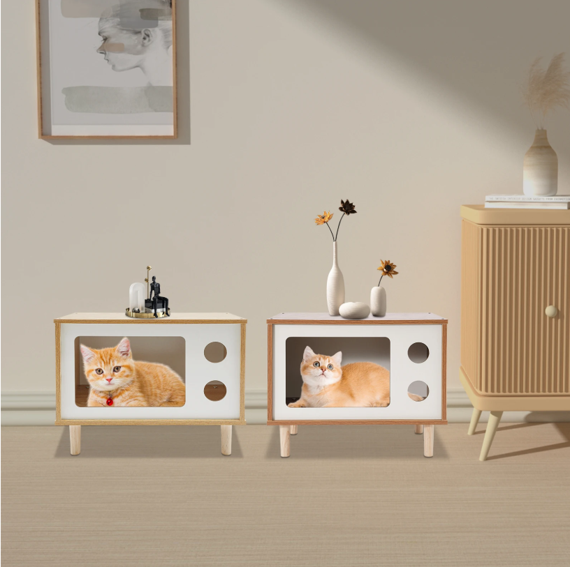 Houten Kattenhuis in TV-Vorm – Stevig & Comfortabel Kattenbed met Ventilatiegaten, Inclusief Steunpoten