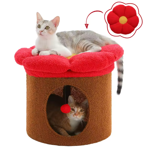 Bloemen Kattenhuis met Groot Bed – Schattig Kattenappartement & Speelhuis voor Binnen