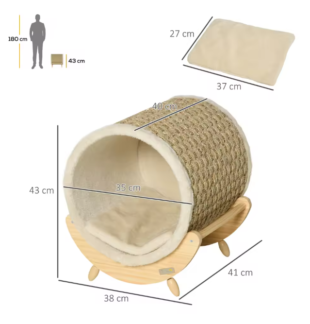 Kattenhuis met Kattengrot & Kraskussen – Verhoogd Comfortabel Kattenbed van Grenenhout & Flanel, 41×38×43 cm