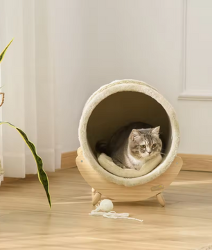 Kattenhuis met Kattengrot & Kraskussen – Verhoogd Comfortabel Kattenbed van Grenenhout & Flanel, 41×38×43 cm