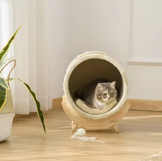 Kattenhuis met Kattengrot & Kraskussen – Verhoogd Comfortabel Kattenbed van Grenenhout & Flanel, 41×38×43 cm