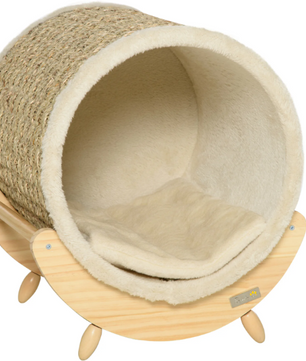 Kattenhuis met Kattengrot & Kraskussen – Verhoogd Comfortabel Kattenbed van Grenenhout & Flanel, 41×38×43 cm