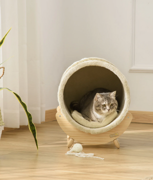 Kattenhuis met Kattengrot & Kraskussen – Verhoogd Comfortabel Kattenbed van Grenenhout & Flanel, 41×38×43 cm