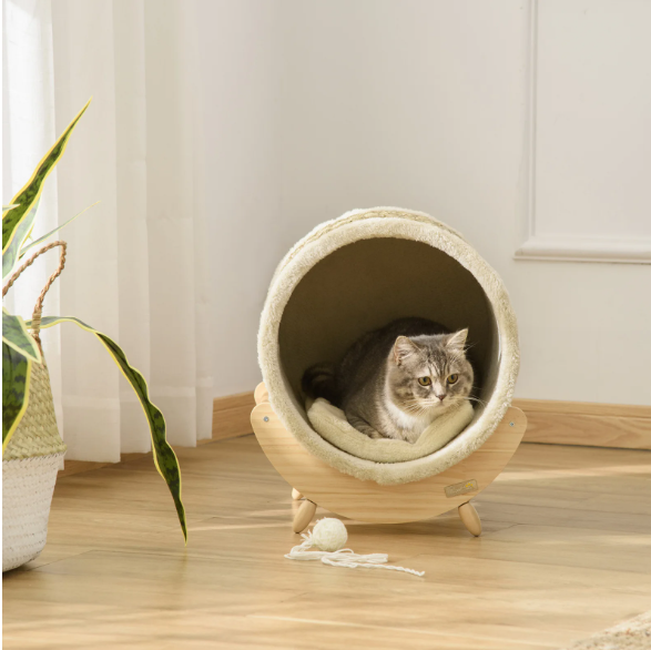 Kattenhuis met Kattengrot & Kraskussen – Verhoogd Comfortabel Kattenbed van Grenenhout & Flanel, 41×38×43 cm