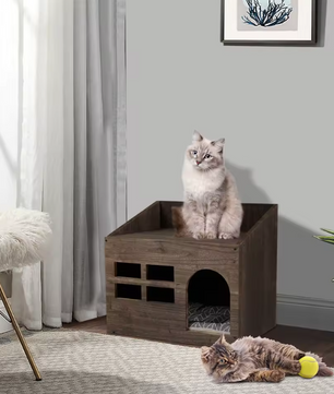 Houten Kattenhuis met Kattengrot – Vintage Kattenbed met Kussen & Opslagruimte