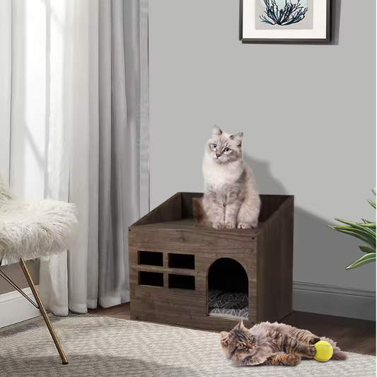 Houten Kattenhuis met Kattengrot – Vintage Kattenbed met Kussen & Opslagruimte