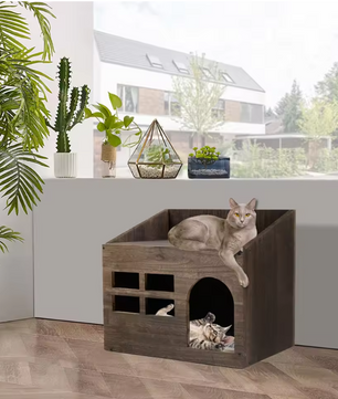 Houten Kattenhuis met Kattengrot – Vintage Kattenbed met Kussen & Opslagruimte
