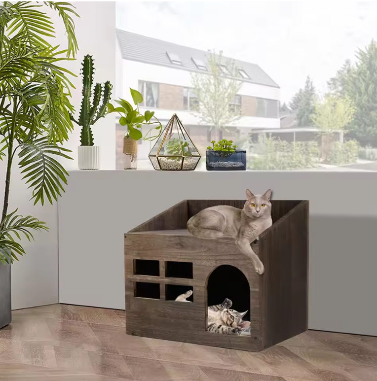 Houten Kattenhuis met Kattengrot – Vintage Kattenbed met Kussen & Opslagruimte