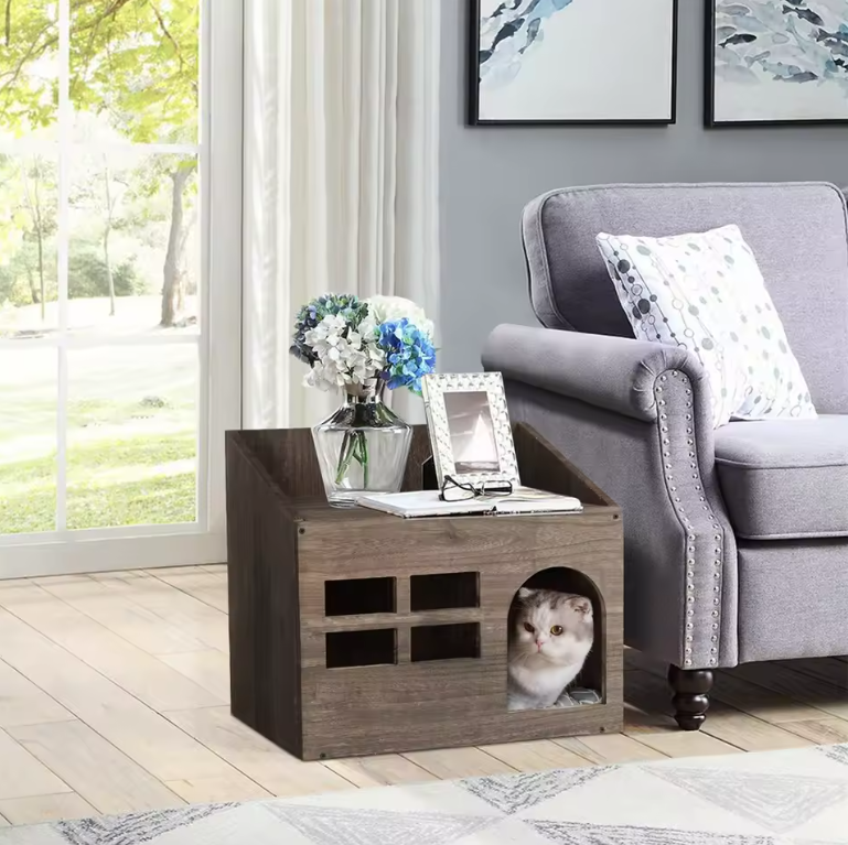 Houten Kattenhuis met Kattengrot – Vintage Kattenbed met Kussen & Opslagruimte