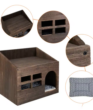 Houten Kattenhuis met Kattengrot – Vintage Kattenbed met Kussen & Opslagruimte