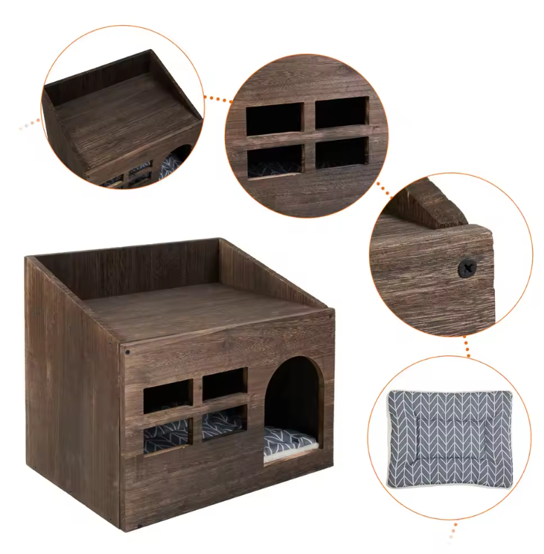 Houten Kattenhuis met Kattengrot – Vintage Kattenbed met Kussen & Opslagruimte