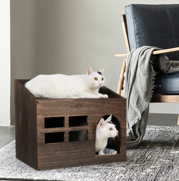 Houten Kattenhuis met Kattengrot – Vintage Kattenbed met Kussen & Opslagruimte