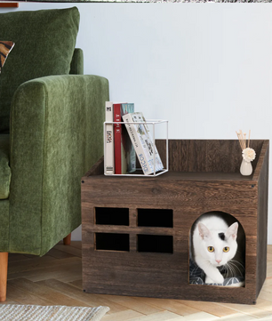Houten Kattenhuis met Kattengrot – Vintage Kattenbed met Kussen & Opslagruimte