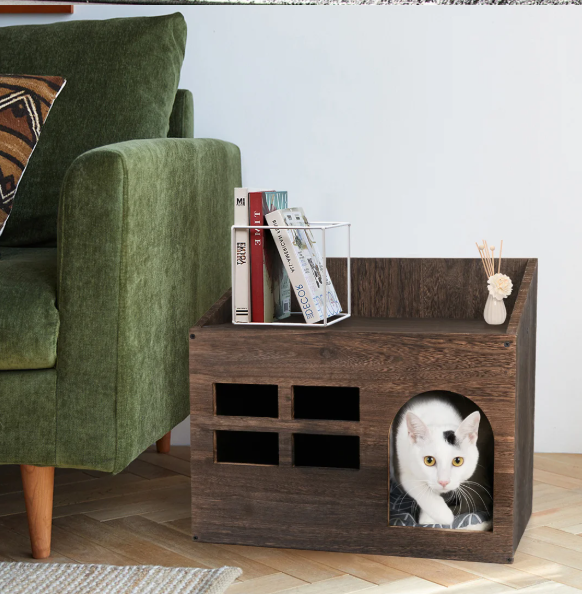 Houten Kattenhuis met Kattengrot – Vintage Kattenbed met Kussen & Opslagruimte