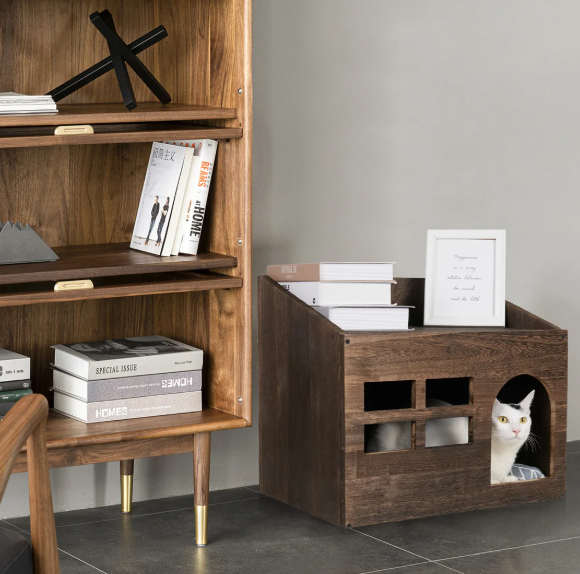 Houten Kattenhuis met Kattengrot – Vintage Kattenbed met Kussen & Opslagruimte