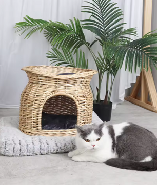 2-laags Rotan Kattenhuis – Verhoogd Kattenbed met Kussens