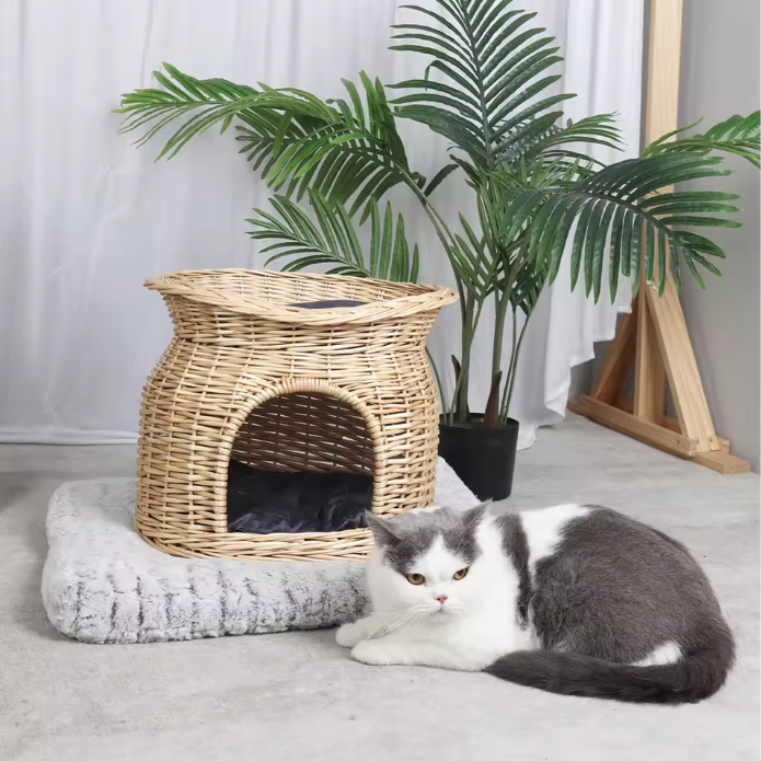 2-laags Rotan Kattenhuis – Verhoogd Kattenbed met Kussens