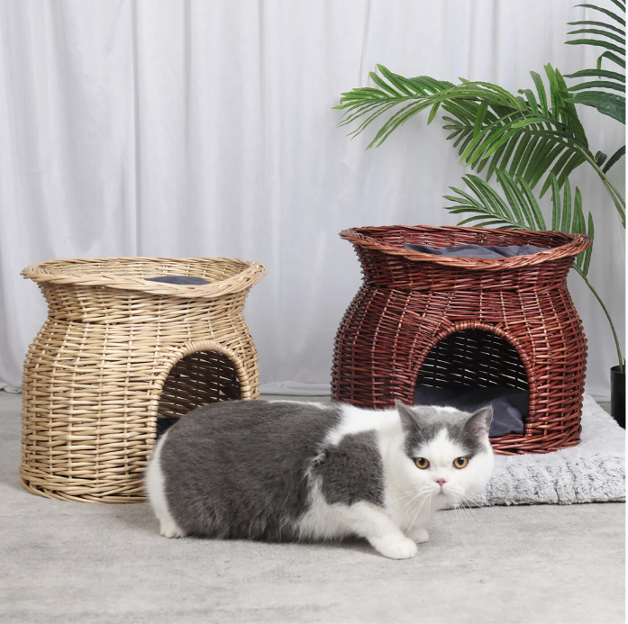 2-laags Rotan Kattenhuis – Verhoogd Kattenbed met Kussens
