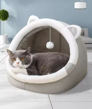 Kattennest met Kattenoren – Semi-Gesloten Zacht Huisdierbed, Afneembaar & Gezellig